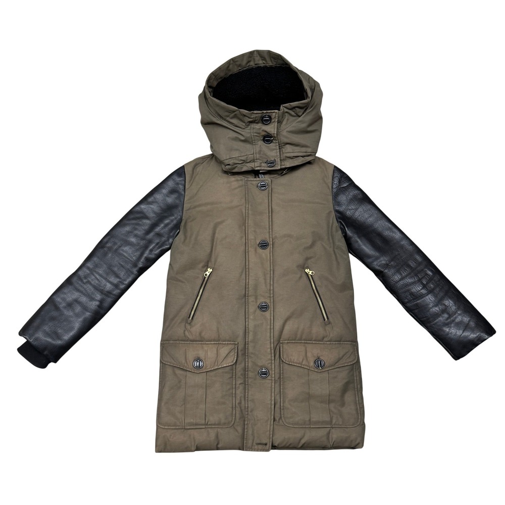 Size XS - Mackage Cynthia Leather Sleeve Down Parka Green Sherpa Hood
